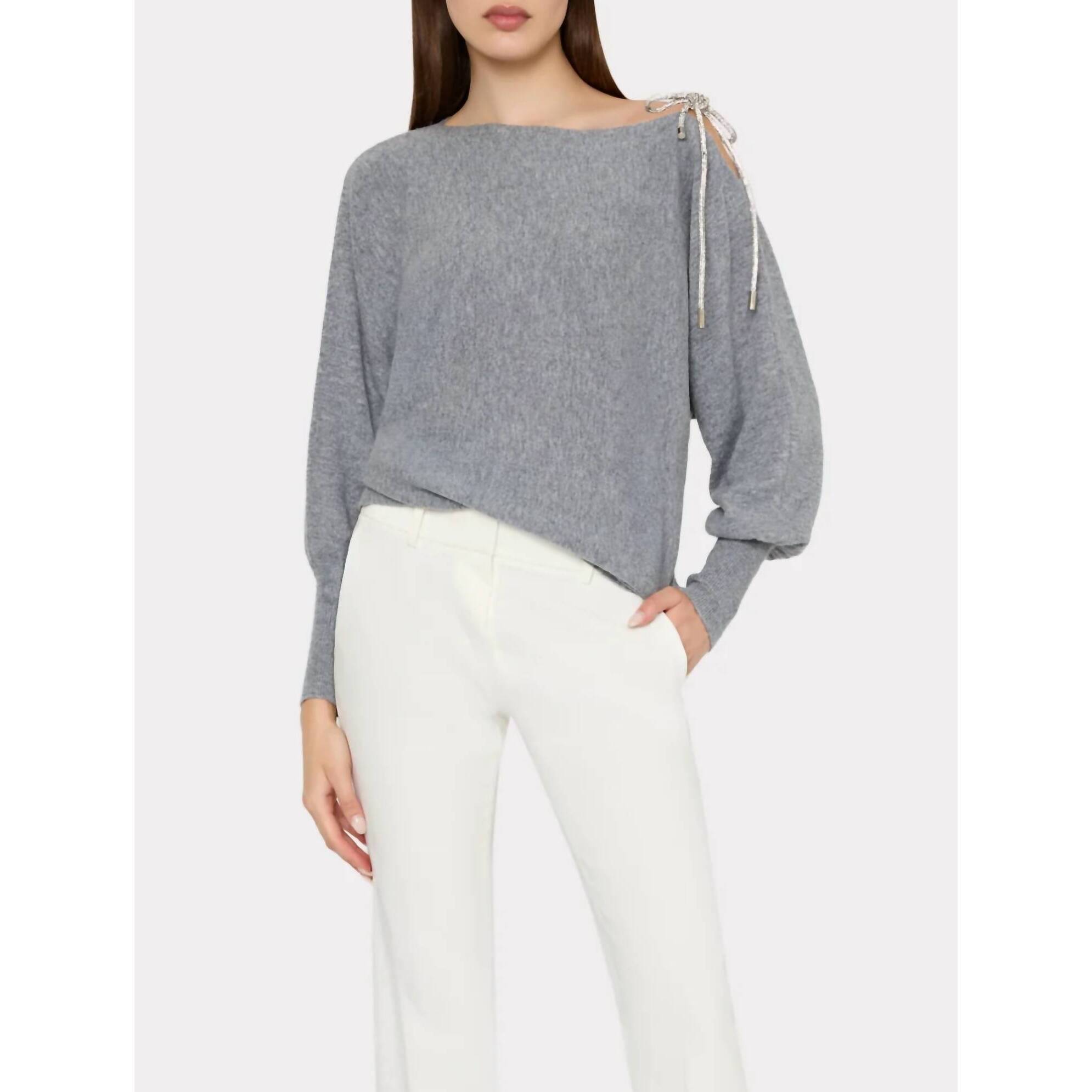 New Milly Ida Crystal Bow Cold Shoulder Sweater In Grey